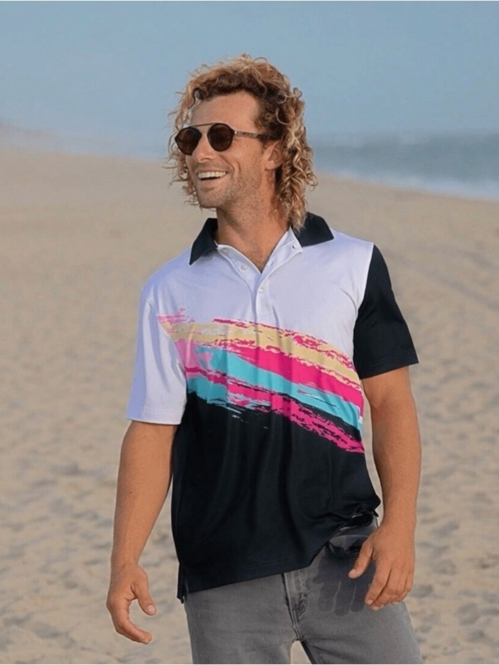 chubbies White & Black Polo with Pink, Teal & Gold Brush Stripes